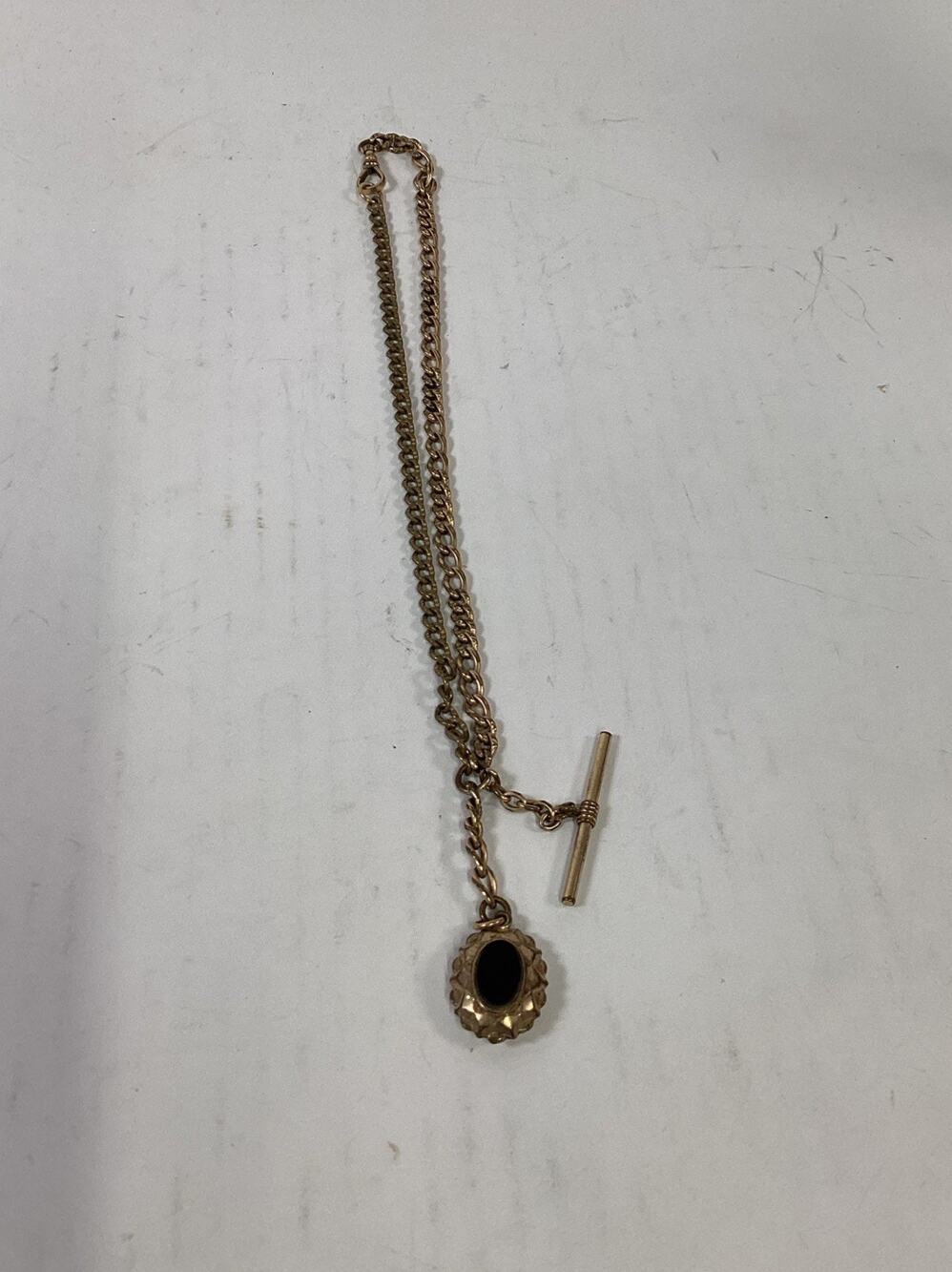 VTG J.F.S. & Sons Pocket Watch Chain W/ T-Bar & Decorative Stone-Set Watch Fob